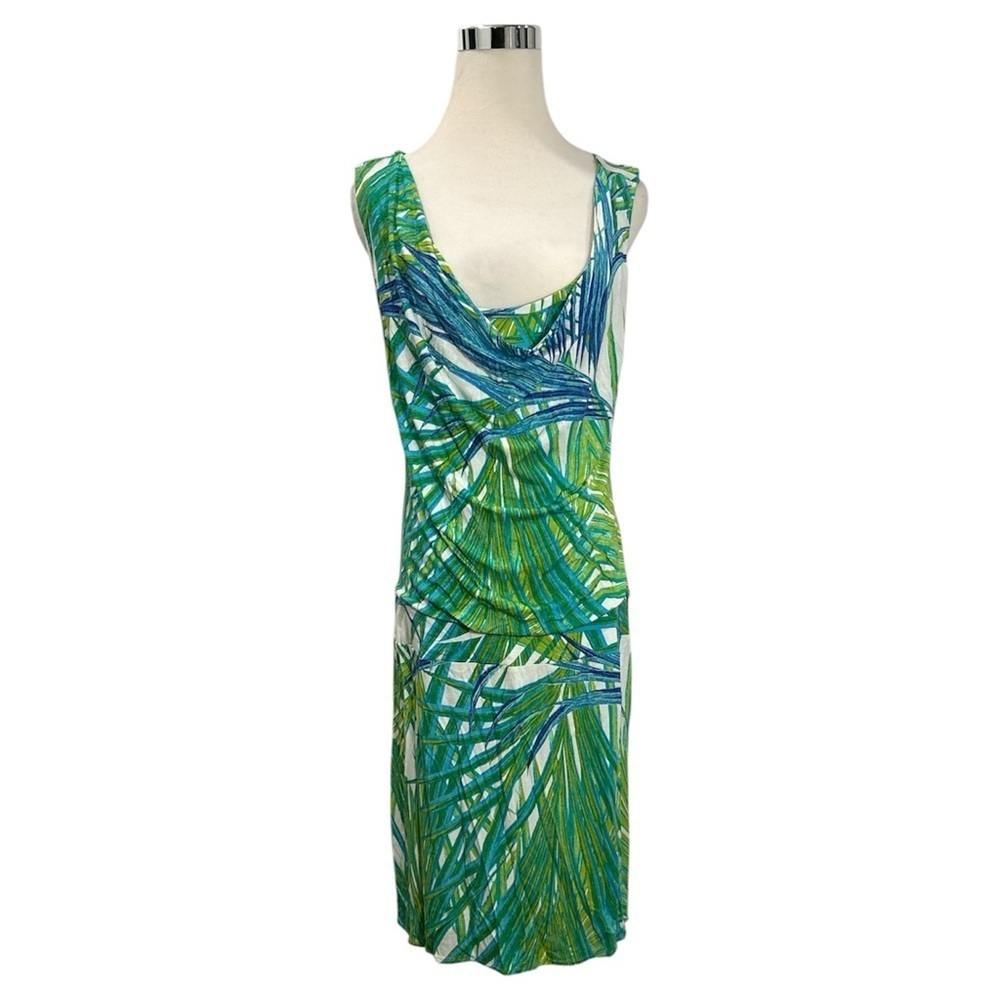 New York & Co Dress Women's Green Blue Palm Print Sleeveless Cowl Neck Medium